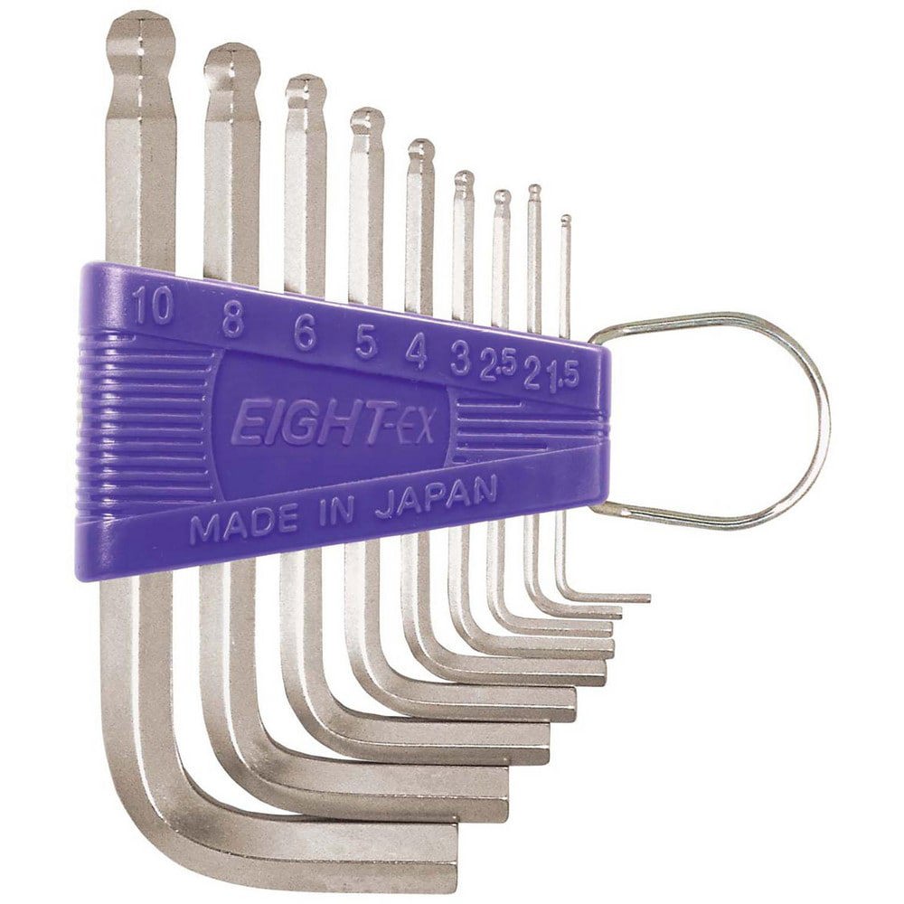 Hex Key Sets; Ball End: Yes ; Handle Type: L-Handle ; Measurement Type: Metric ; Hex Size: 1.5 mm, 2 mm, 2.5 mm, 3 mm, 4 mm, 5 mm, 6 mm, 8 mm, 10 mm ; Material: Steel ; Overall Length (mm): 123.0000