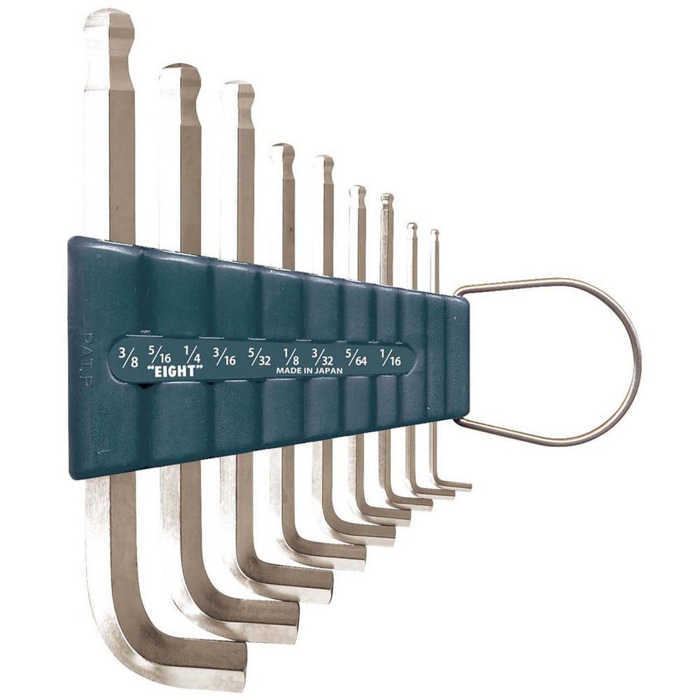 Hex Key Sets; Ball End: Yes ; Handle Type: L-Handle ; Measurement Type: Inch ; Hex Size: 1/16 in, 5/64 in, 3/32 in, 1/8 in, 5/32 in, 3/16 in, 1/4 in, 5/16 in, 3/8 in ; Material: Steel ; Overall Length (mm): 121.0000