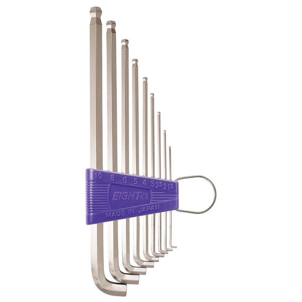 Hex Key Sets; Ball End: Yes ; Handle Type: L-Handle ; Measurement Type: Metric ; Hex Size: 1.5 mm, 2 mm, 2.5 mm, 3 mm, 4 mm, 5 mm, 6 mm, 8 mm, 10 mm ; Material: Steel ; Overall Length (mm): 231.0000