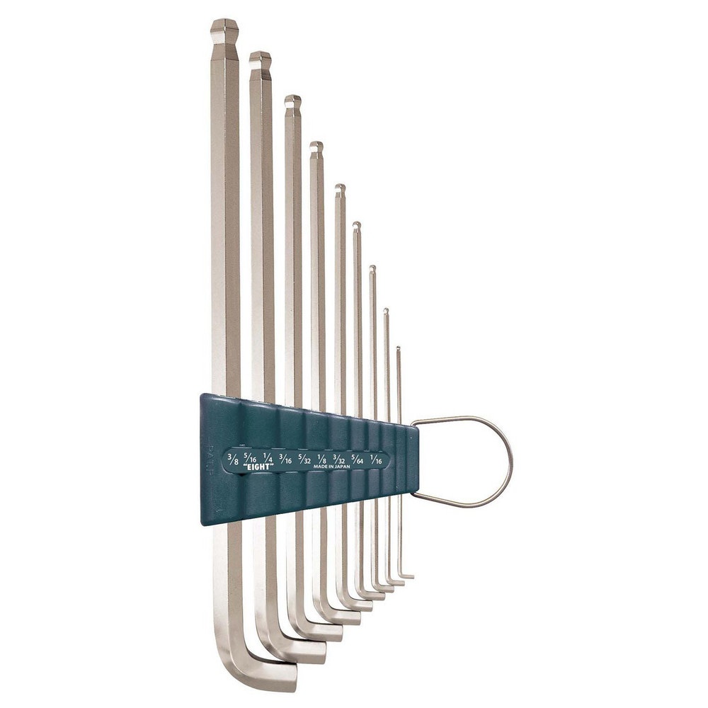 Hex Key Sets; Ball End: Yes ; Handle Type: L-Handle; Short Arm ; Measurement Type: Inch ; Hex Size: 1/16 in, 5/64 in, 3/32 in, 1/8 in, 5/32 in, 3/16 in, 1/4 in, 5/16 in, 3/8 in ; Material: Steel ; Overall Length (mm): 233.0000