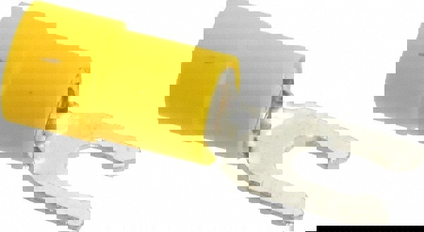 Locking Fork Terminal: Yellow, Vinyl, Partially Insulated, #8 Stud, Crimp