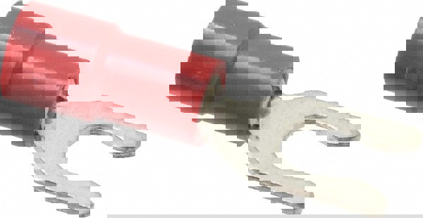 Locking Fork Terminal: Red, Vinyl, Partially Insulated, #8 Stud, Crimp