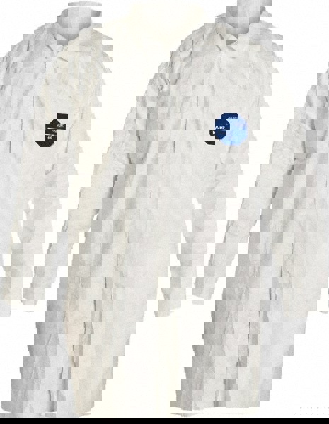 Lab Coat: Aerosols, Hazardous Dry Particulates & Non-Hazardous Light Liquid Splash, 1.20 oz Material, Size Large, Tyvek