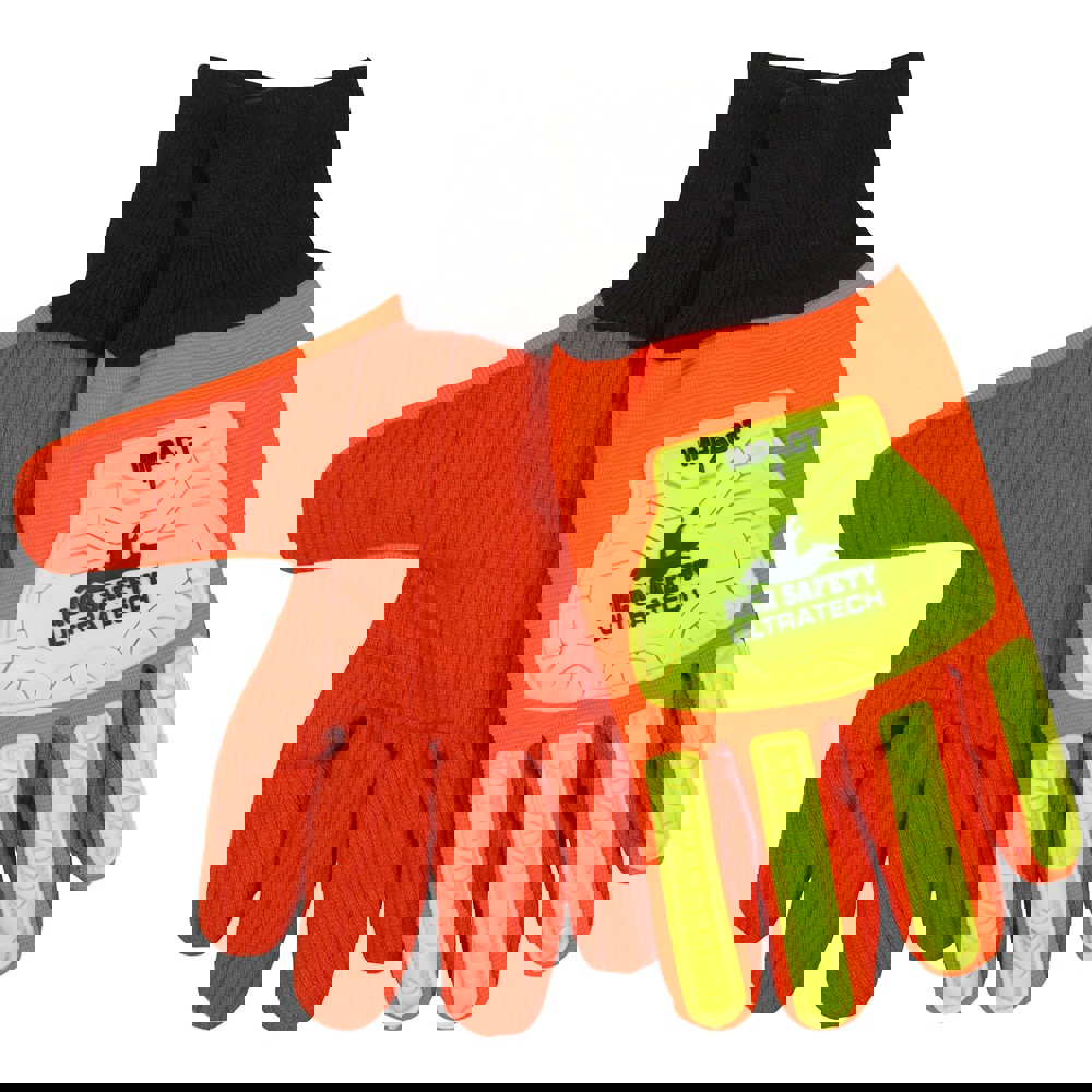 MCR Safety UltraTech. Gloves Hi-Visibility Impact and Abrasion-Resistant Corded Cotton/Poly Double Palm TPR Back-of-Hand Protection