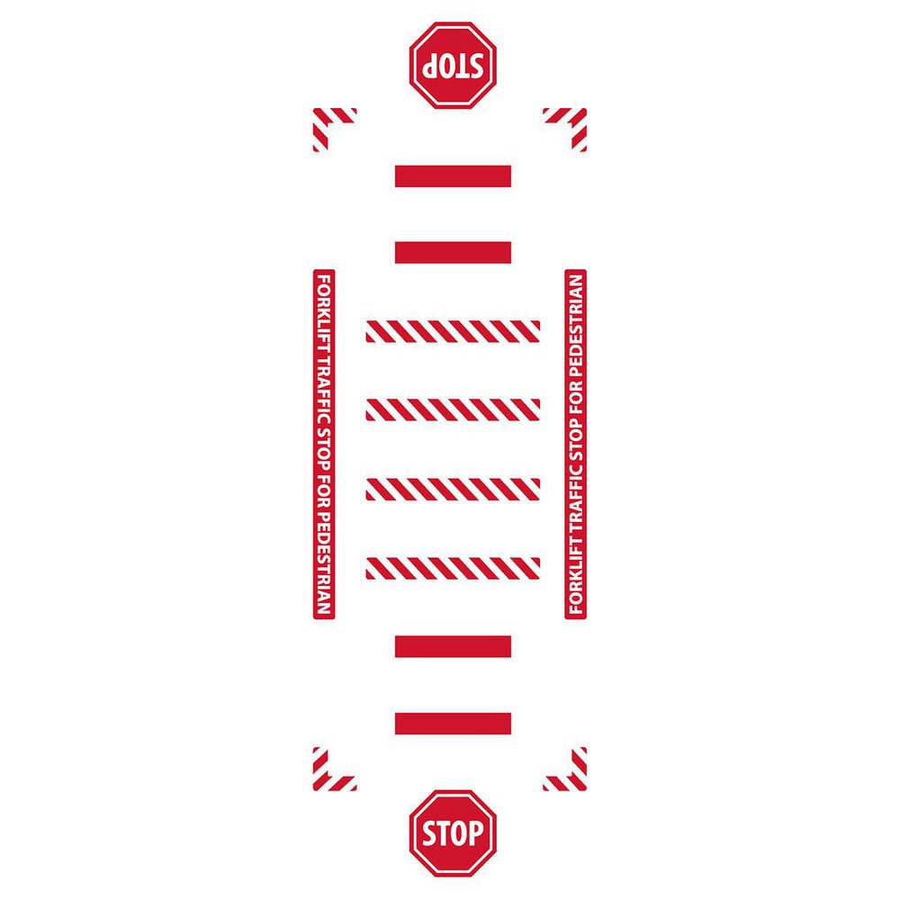 Adhesive Backed Floor Signs; Message Type: Traffic Control ; Message or Graphic: Message & Graphic ; Legend: FORKLIFT TRAFFIC STOP FOR PEDESTRIAN ; Material: Vinyl ; Legend Color: White ; Color: Red; White