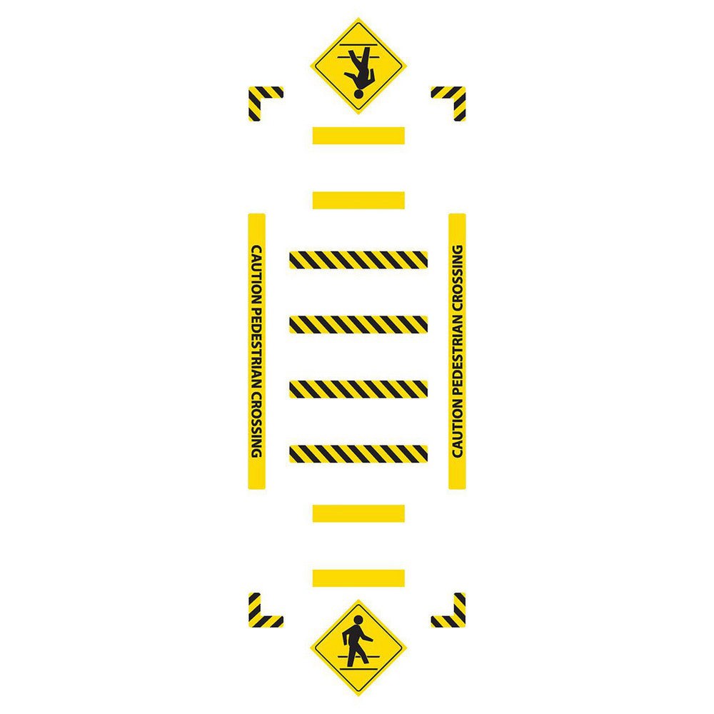 Adhesive Backed Floor Signs; Message Type: Traffic Control ; Message or Graphic: Message & Graphic ; Legend: CAUTION PEDESTRIAN CROSSING ; Material: Vinyl ; Legend Color: Black ; Color: Black; Yellow
