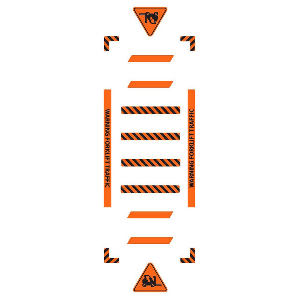 Adhesive Backed Floor Signs; Message Type: Traffic Control ; Message or Graphic: Message & Graphic ; Legend: WARNING FORKLIFT TRAFFIC ; Material: Vinyl ; Legend Color: Black ; Color: Black; Orange