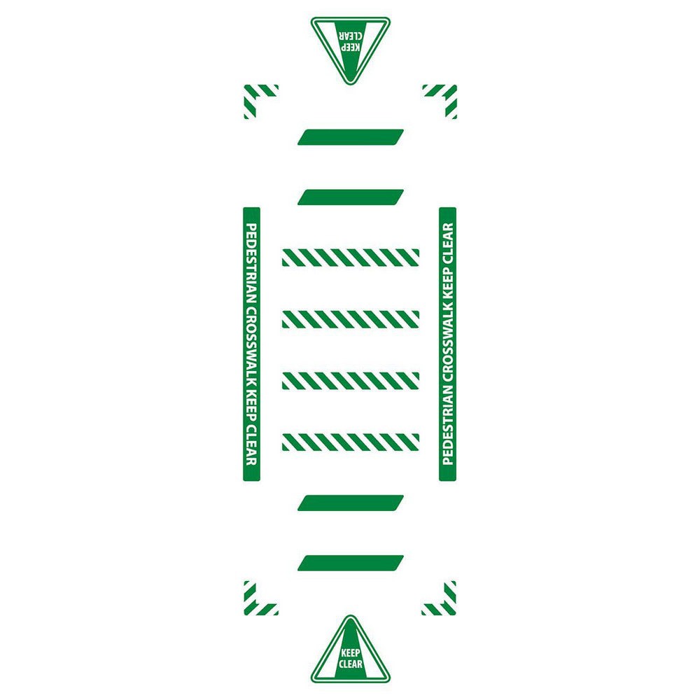 Adhesive Backed Floor Signs; Message Type: Traffic Control ; Message or Graphic: Message & Graphic ; Legend: PEDESTRIAN CROSSWALK KEEP CLEAR ; Material: Vinyl ; Legend Color: White ; Color: Green; White