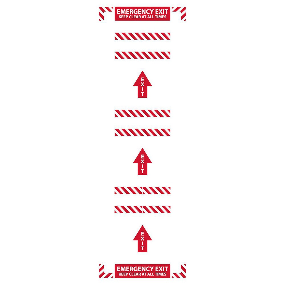Adhesive Backed Floor Signs; Message Type: Traffic Control ; Message or Graphic: Message Only ; Legend: EMERGENCY EXIT KEEP CLEAR AT ALL TIMES ; Material: Vinyl ; Legend Color: White ; Color: Red; White