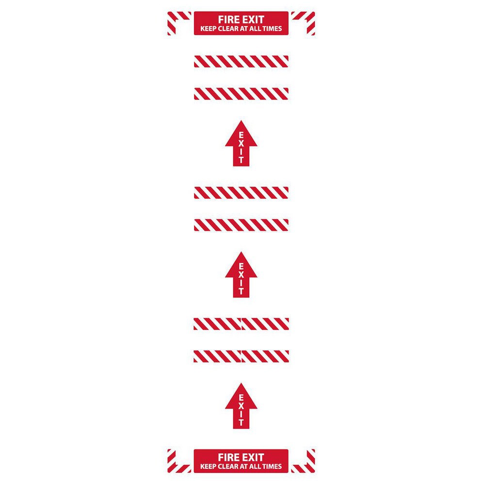 Adhesive Backed Floor Signs; Message Type: Traffic Control ; Message or Graphic: Message Only ; Legend: FIRE EXIT KEEP CLEAR AT ALL TIMES ; Material: Vinyl ; Legend Color: White ; Color: Red; White