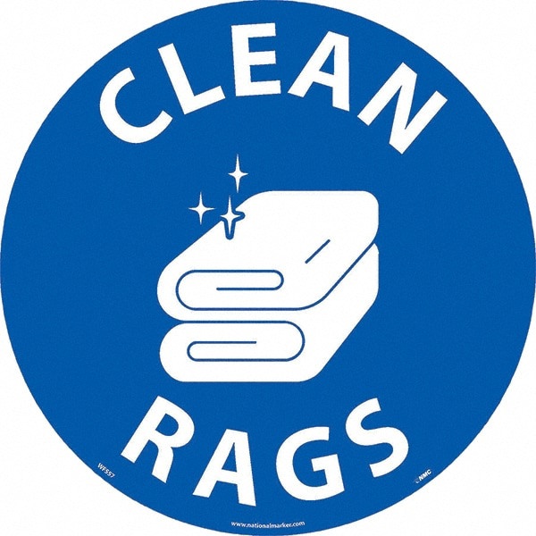 Janitorial & Housekeeping & Restroom Adhesive Backed Floor Sign: Round, Vinyl, ''CLEAN RAGS''