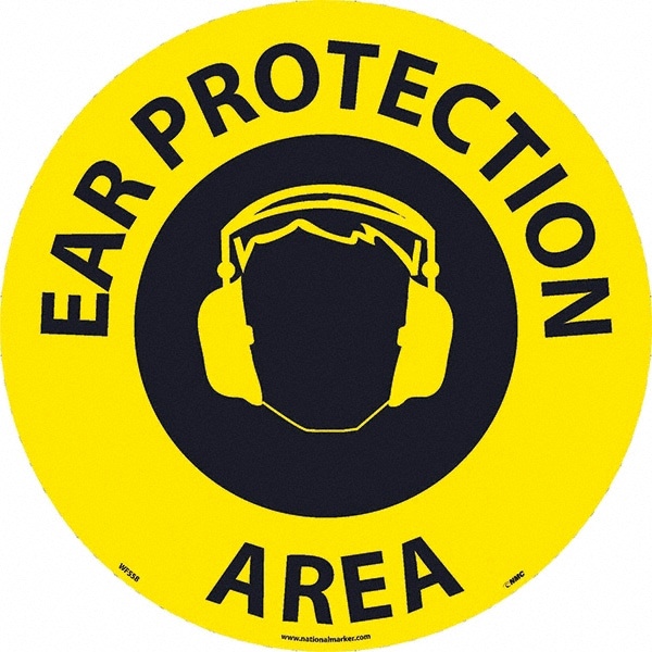 Janitorial & Housekeeping & Restroom Adhesive Backed Floor Sign: Round, Vinyl, ''Ear Protection Area''