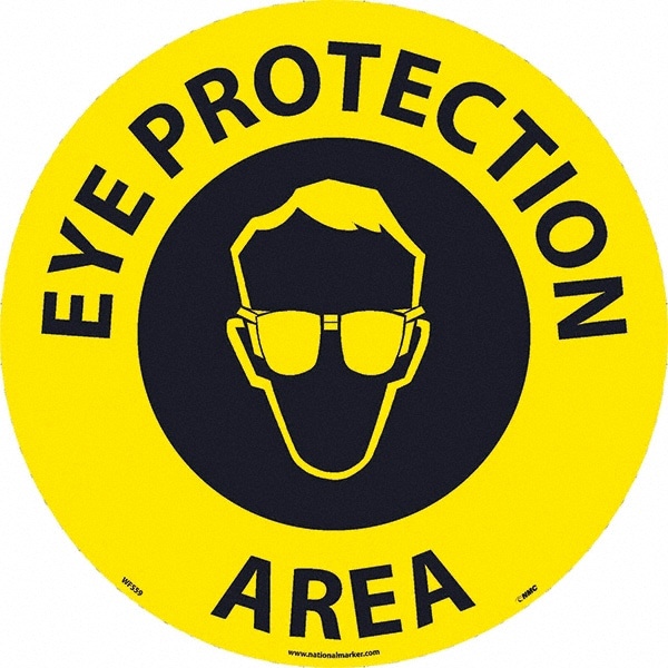 Janitorial & Housekeeping & Restroom Adhesive Backed Floor Sign: Round, Vinyl, ''EYE PROTECTION AREA''