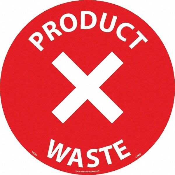 Janitorial & Housekeeping & Restroom Adhesive Backed Floor Sign: Round, Vinyl, ''PRODUCT WASTE''