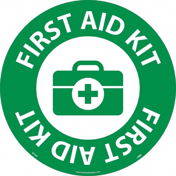 Janitorial & Housekeeping & Restroom Adhesive Backed Floor Sign: Round, Vinyl, ''First Aid Kit''