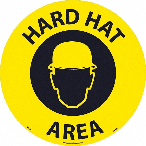 Janitorial & Housekeeping & Restroom Adhesive Backed Floor Sign: Round, Vinyl, ''Hard Hat Area''