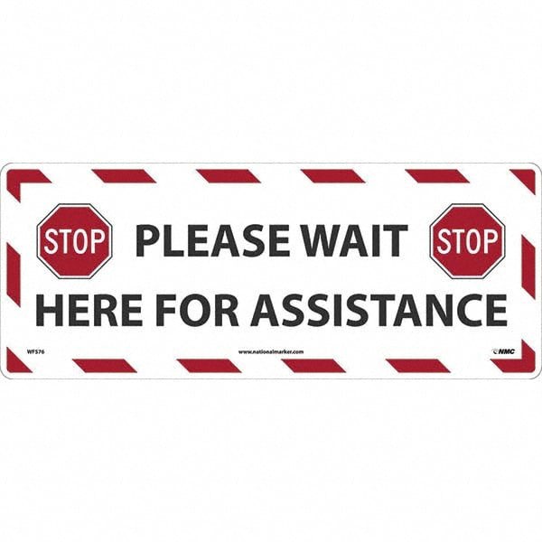 Security & Admittance Adhesive Backed Floor Sign: Rectangle, Vinyl, ''PLEASE WAIT HERE FOR ASSISTANCE''