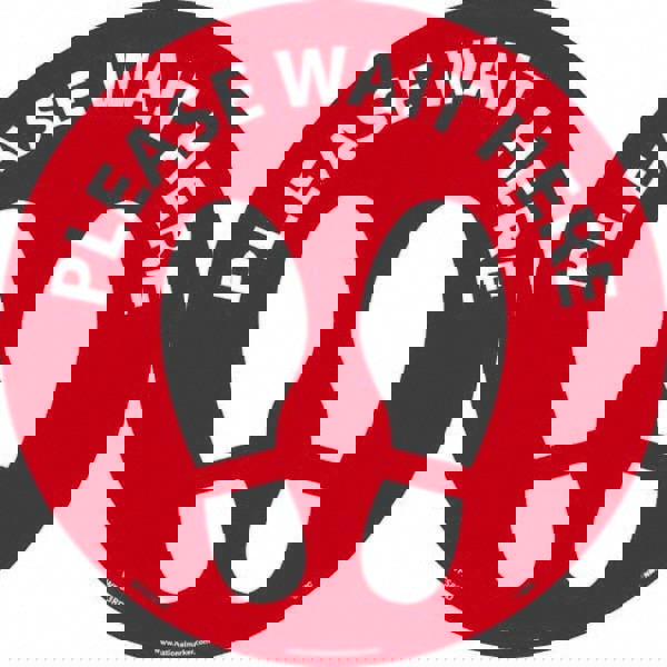 Entrance & Directional & Exit Adhesive Backed Floor Sign: Round, Vinyl, ''PLEASE WAIT HERE''