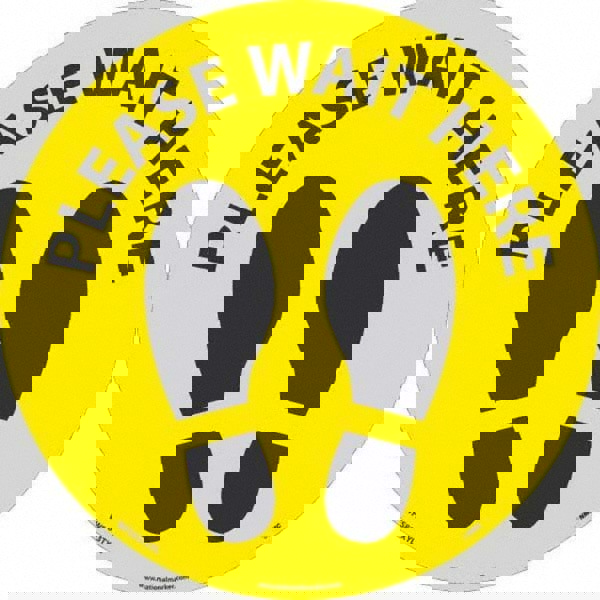 Entrance & Directional & Exit Adhesive Backed Floor Sign: Round, Vinyl, ''PLEASE WAIT HERE''
