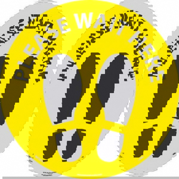 Entrance & Directional & Exit Adhesive Backed Floor Sign: Round, Vinyl, ''PLEASE WAIT HERE''