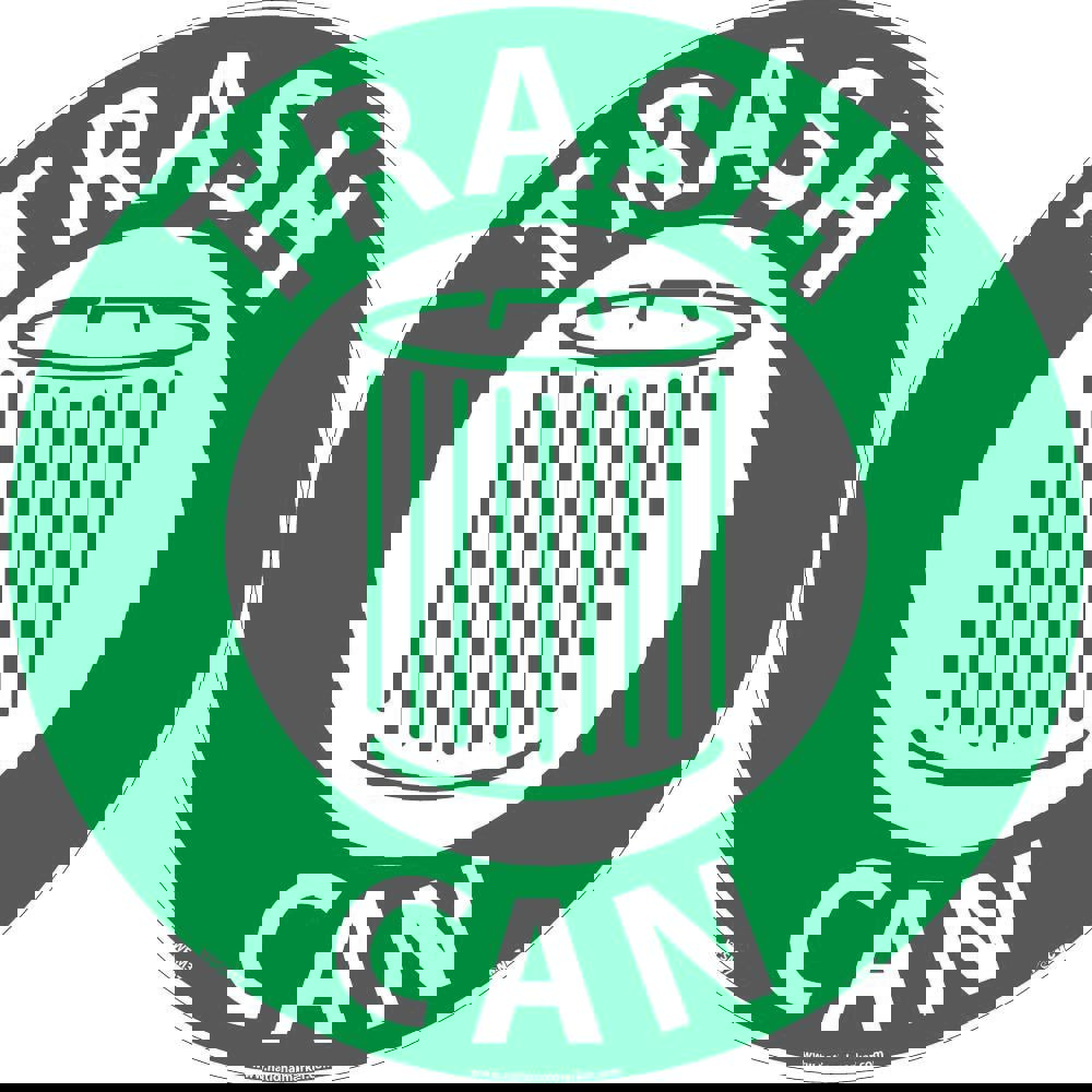 Restroom, Janitorial & Housekeeping Adhesive Backed Floor Sign: Round, ''Trash Can''