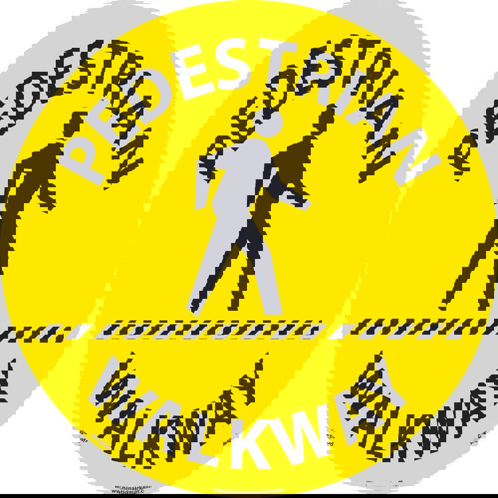 Restroom, Janitorial & Housekeeping Adhesive Backed Floor Sign: Round, ''Pedestrian Walkway''