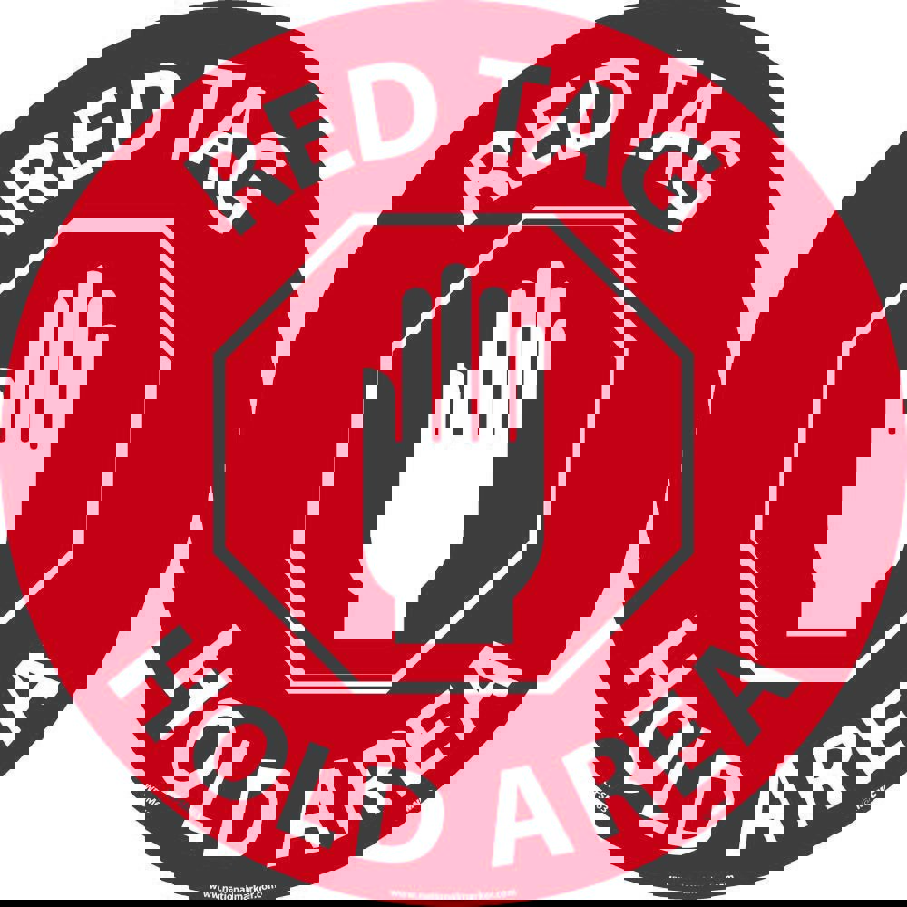 Restroom, Janitorial & Housekeeping Adhesive Backed Floor Sign: Round, ''Red Tag Hold Area''