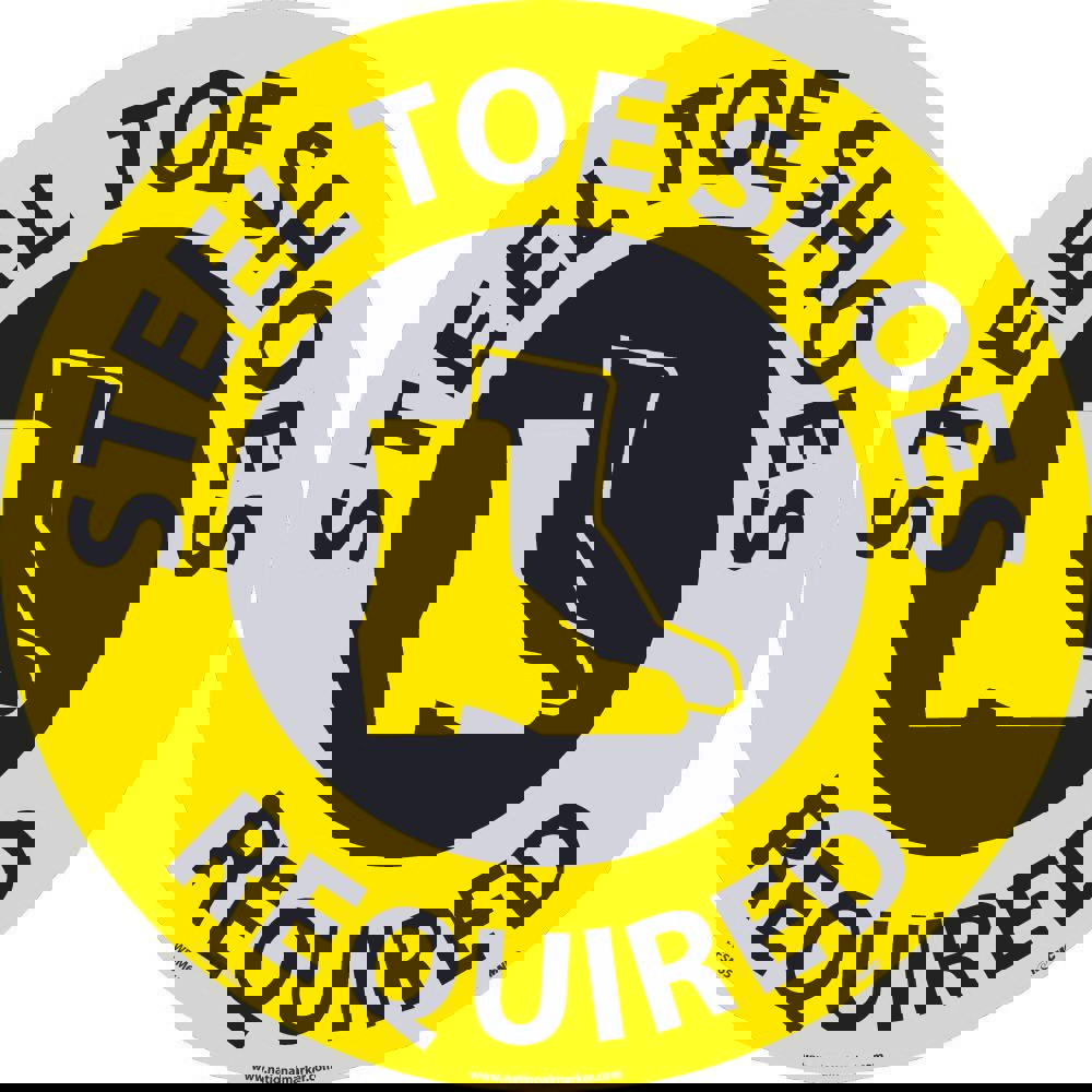 Restroom, Janitorial & Housekeeping Adhesive Backed Floor Sign: Round, ''Steel Toe Shoes Required''