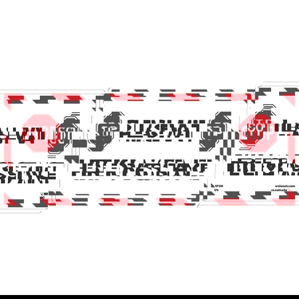 COVID-19 Adhesive Backed Floor Sign: Rectangle & Square, Vinyl, ''Please Wait Here For Assistance''