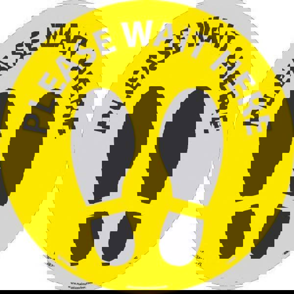 COVID-19 Adhesive Backed Floor Sign: Circle & Oval, Vinyl, ''Please Wait Here''