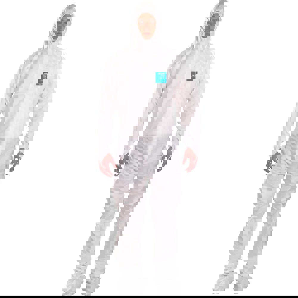 Disposable & Chemical Resistant Coveralls; Garment Style: Coveralls ; Size: Small ; Material: SMS ; Closure Type: 2-Way Zipper with Storm Flap; Finger Loops; Elastic ; Cuff Style: Elastic with Thumb-loop ; Ankle Style: Attached Anti-Skid Boots; Elastic