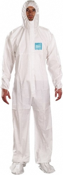 Disposable Coveralls: Chemical & Liquid, Size 3X-Large, 1.8600 oz, Polyethylene, Two Way Zipper & Stormflaps Closure