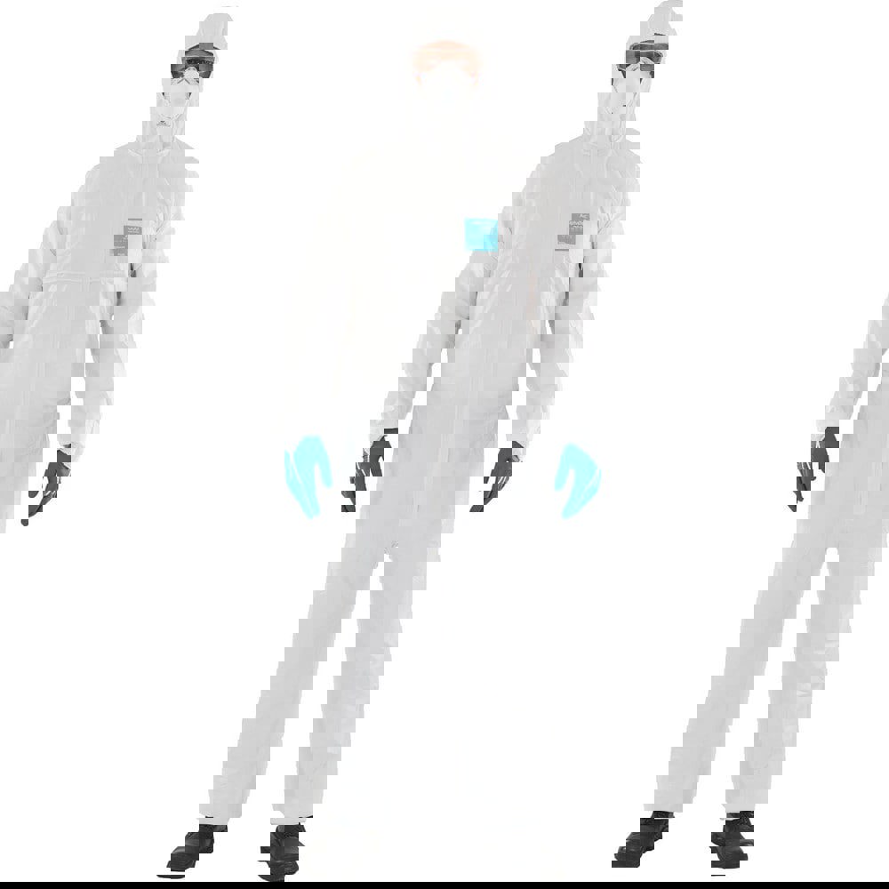 Disposable & Chemical Resistant Coveralls; Garment Style: Coveralls ; Size: Large ; Material: Microporous Polyethylene Laminate Non-Woven ; Closure Type: 2-Way Zipper with Storm Flap; Finger Loops; Elastic ; Cuff Style: Elastic with Thumb-loop