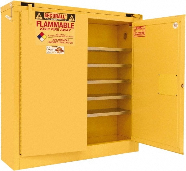 Flammable & Hazardous Storage Cabinets: 24 gal Drum, 2 Door, 5 Shelf, Self Closing, Yellow