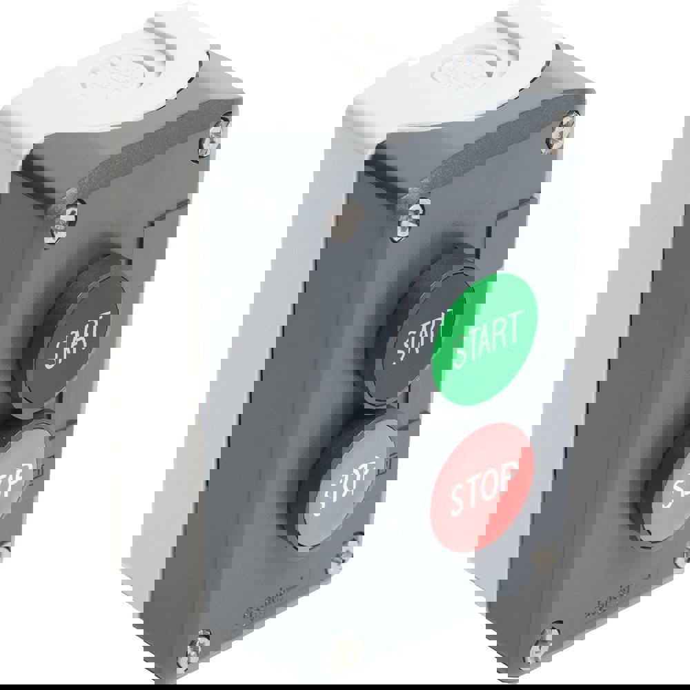 Pushbutton Control Stations; Control Station Type: Control Station ; Number of Operators: 2 ; Legend Markings: Start; Stop ; Switch Action: Spring Return ; Contact Configuration: NO/NC ; Operator Type: Flush Push Button