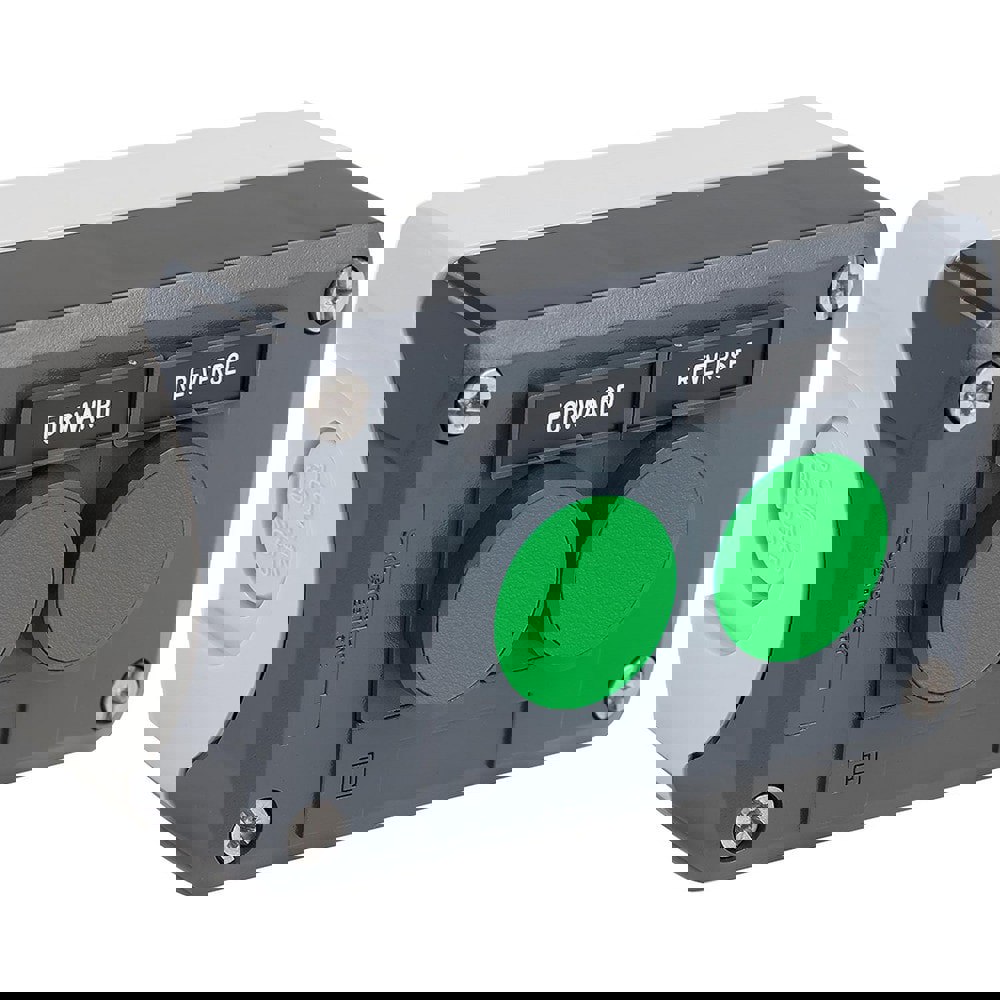 Pushbutton Control Stations; Control Station Type: Control Station ; Number of Operators: 2 ; Legend Markings: Forward; Reverse ; Switch Action: Spring Return ; Contact Configuration: 2NO ; Operator Type: Flush Push Button