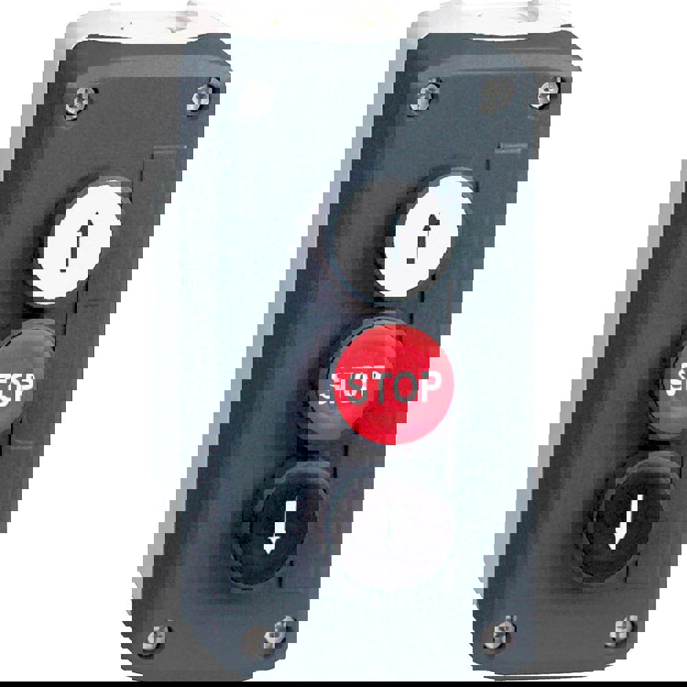 Pushbutton Control Stations; Control Station Type: Control Station ; Number of Operators: 3 ; Legend Markings: Up Arrow; Stop; Down Arrow ; Switch Action: Spring Return ; Contact Configuration: 2NO/1NC ; Operator Type: Flush Push Button