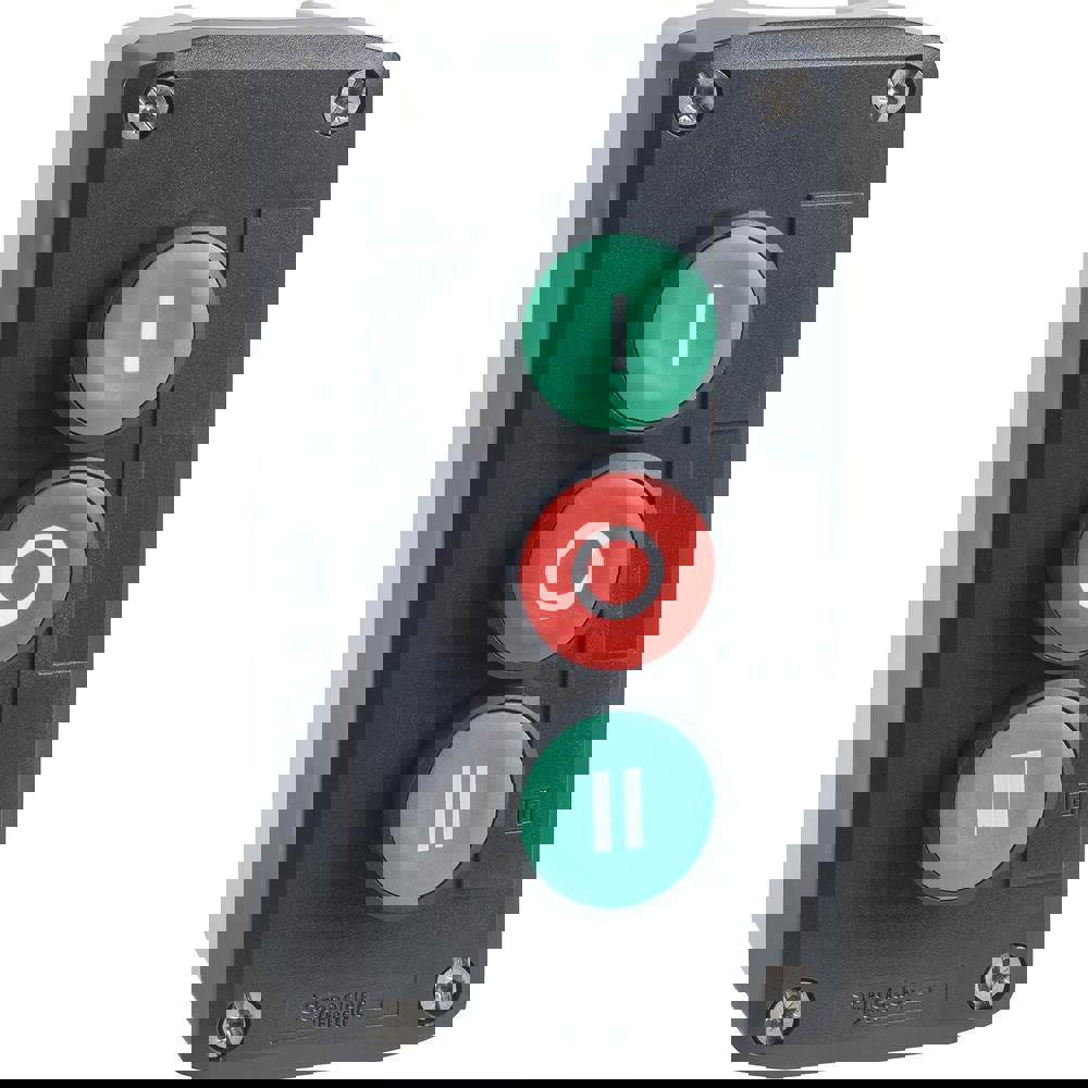 Pushbutton Control Stations; Control Station Type: Control Station ; Number of Operators: 3 ; Legend Markings: I-O-II ; Switch Action: Spring Return ; Contact Configuration: 2NO/1NC ; Operator Type: Flush Push Button