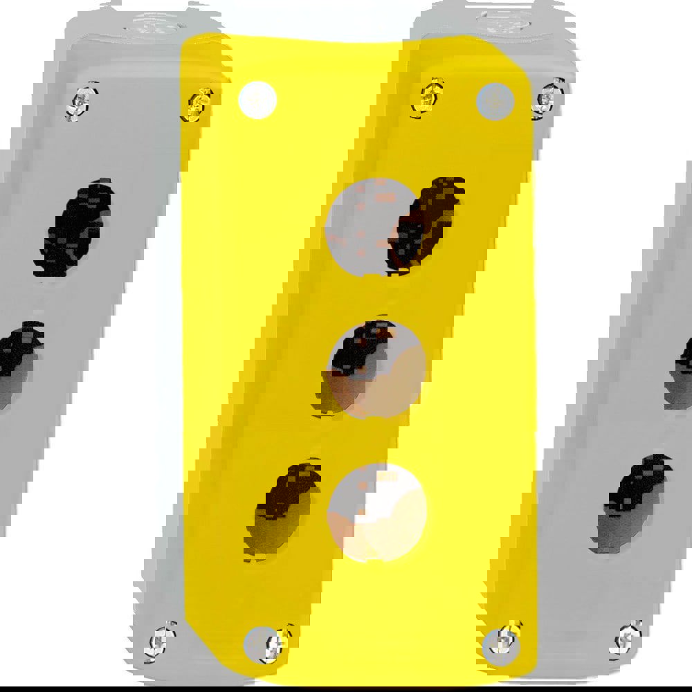 Pushbutton Control Station Accessories; Control Station Accessory Type: Empty Control Station Box ; For Use With: Harmony XB5 22mm Control and Signal Units ; Color: Yellow; Grey ; Interlock Style: No Interlock ; Operator Type: Push Button