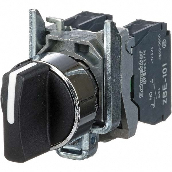 Selector Switch with Contact Blocks: 2 Positions, Momentary (MO), Black Handle