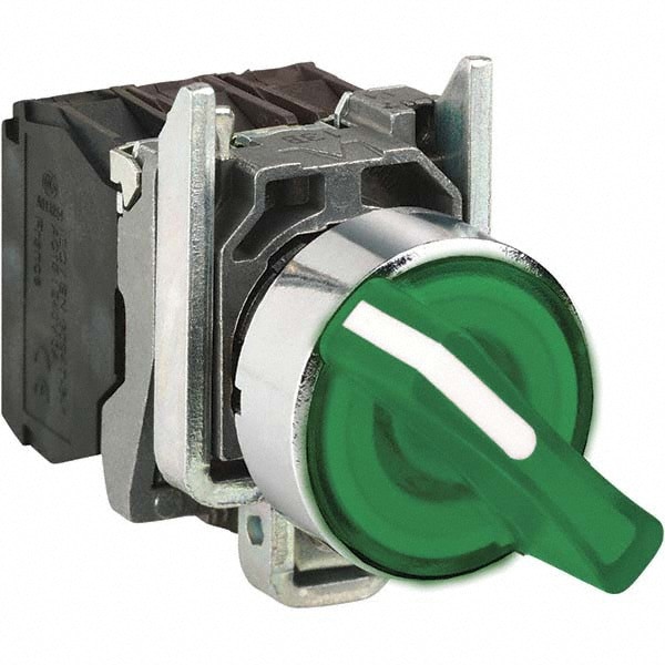 Selector Switch with Contact Blocks: 2 Positions, Maintained (MA), Green Handle