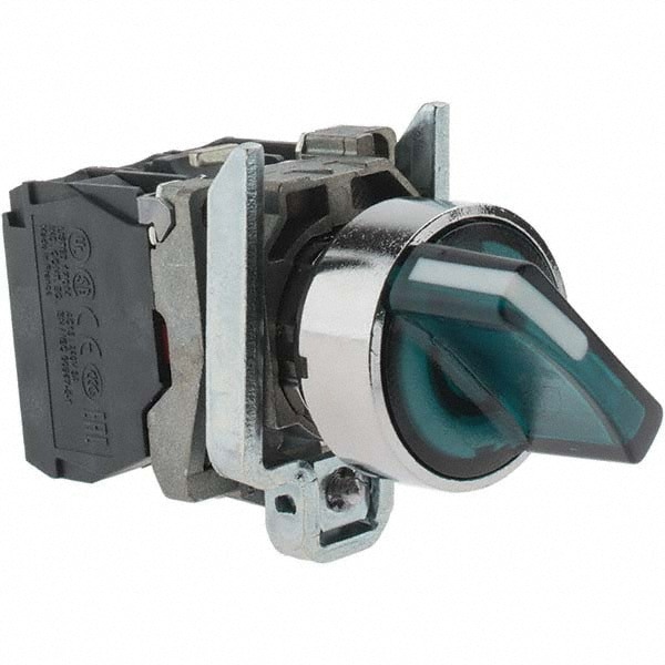 Selector Switch with Contact Blocks: 2 Positions, Maintained (MA), Green Handle