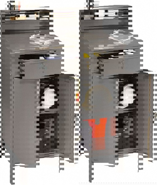 Stationary Shop Desks; Type: Locking Cabinet Desk ; Color: Medium Gray ; Additional Information: Adjustable Lower Shelf ; Ship Weight: 135 ; Number Of Drawers: 2 ; Product Service Code: 7110