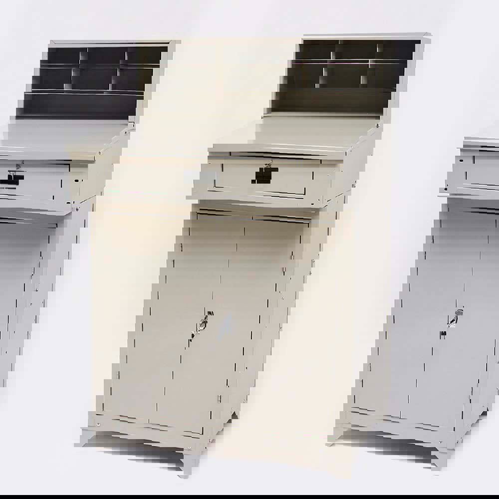 Stationary Shop Desks; Type: Shop Desk - Closed ; Color: Beige ; Additional Information: Adjustable Lower Shelf; Enclosed Lower Storage Cabinet: 29-1/2 in W x 22-1/2 in D x 25-1/2 in H ; Ship Weight: 145 ; Number Of Drawers: 1 ; Product Service Code: 7110