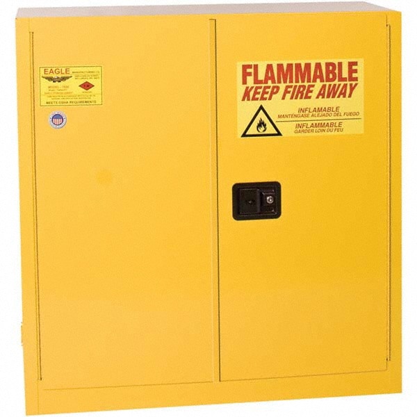 Flammable & Hazardous Storage Cabinets: 40 gal Drum, 2 Door, 3 Shelf, Manual Closing, Yellow