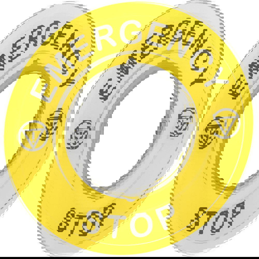 Electrical Switch Legend Plates; Legend Plate Type: Legend Plate ; Legend Markings: Emergency Stop ; Material: Plastic ; Legend Plate Shape: Round ; Background Color: Yellow ; Hole Diameter (mm): 22