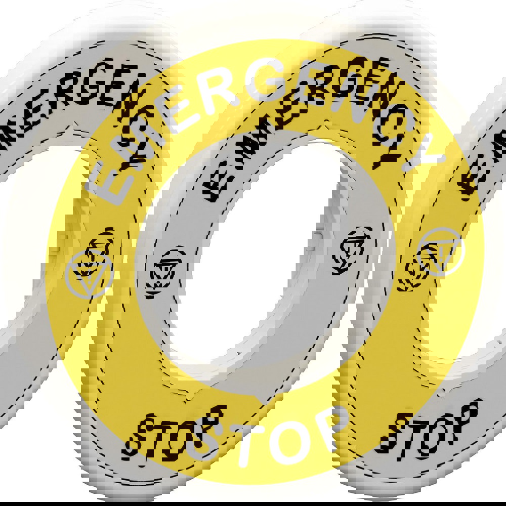 Electrical Switch Legend Plates; Legend Plate Type: Illuminated Ring ; Legend Markings: Emergency Stop ; Material: Plastic ; Legend Plate Shape: Round ; Background Color: Yellow ; Hole Diameter (mm): 22